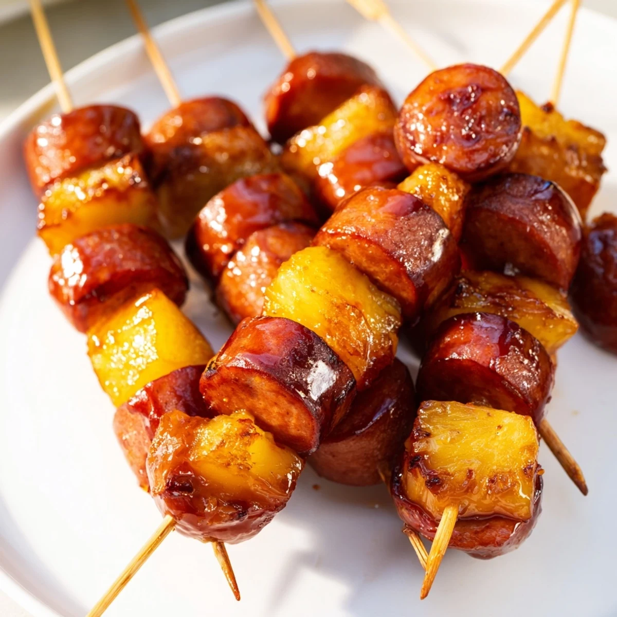 Golden glazed kielbasa pineapple bites arranged on a serving platter with toothpicks