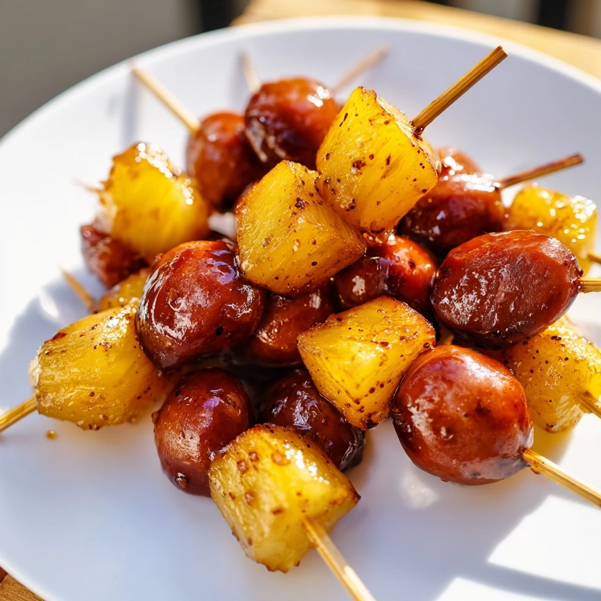 Caramelized kielbasa slices and pineapple chunks coated in a sticky sweet barbecue glaze