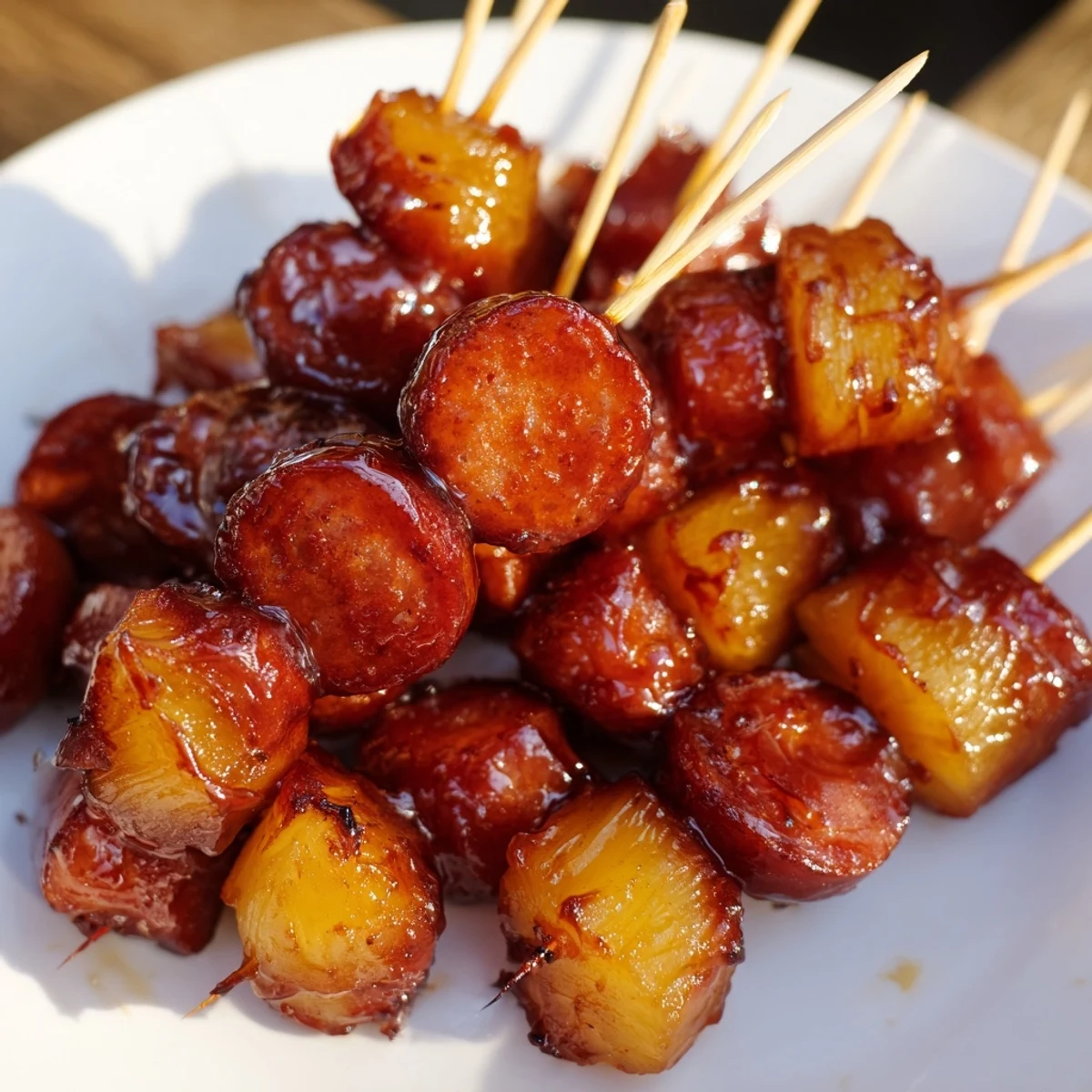 Appetizer of savory sausage and fruit threaded onto picks, glistening with tangy sauce