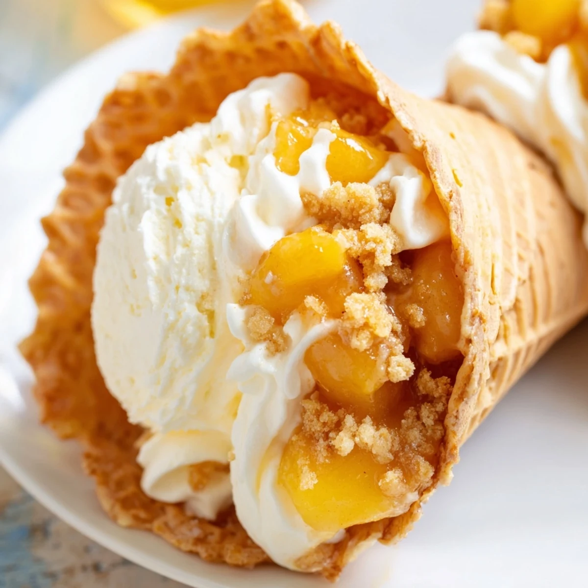 Crisp waffle cone overflowing with creamy cheesecake filling topped with cinnamon-spiced peach cobbler