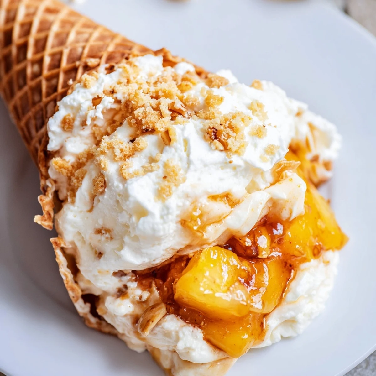 Handheld peach cobbler cheesecake cone featuring golden waffle crust and sweet fruit filling