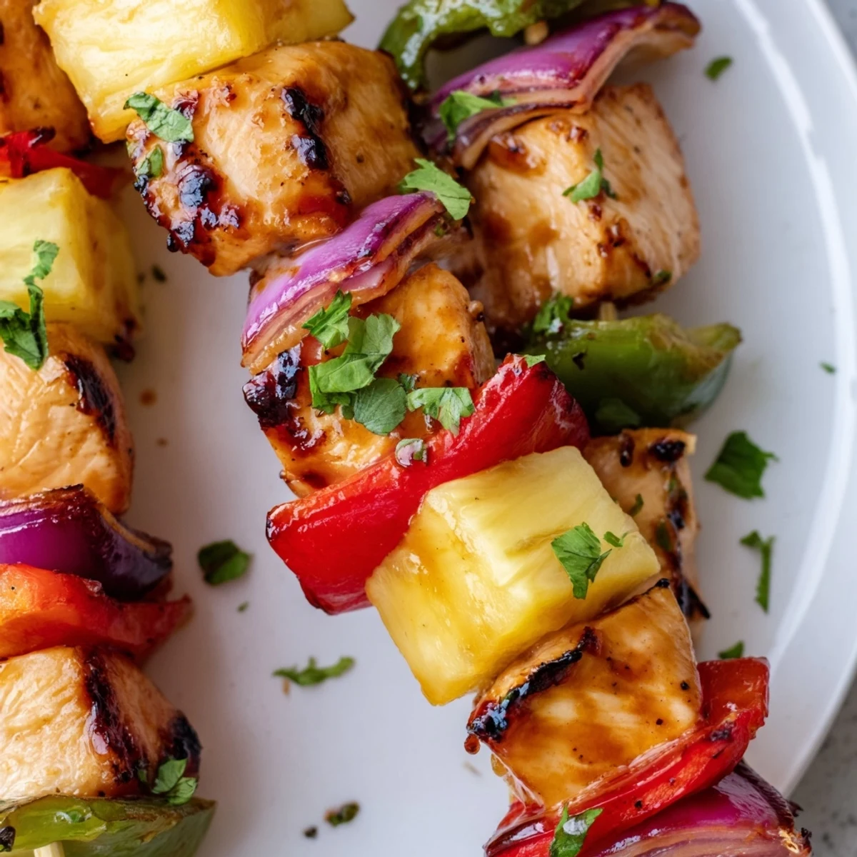 Golden grilled pineapple chicken kabops threaded with colorful bell peppers and red onion on metal skewers