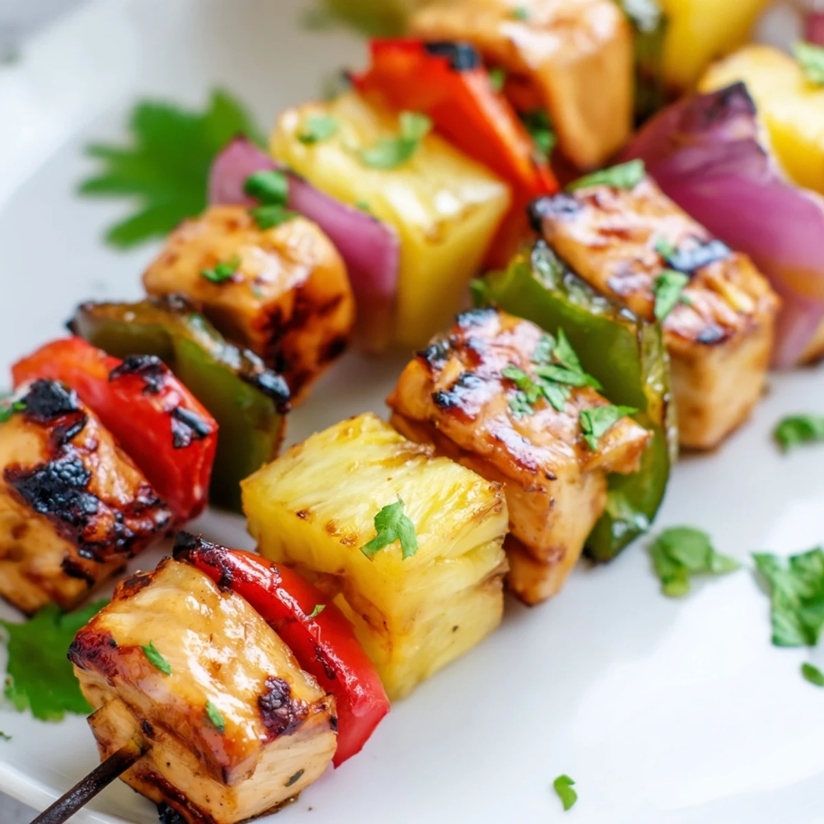 Tender marinated chicken and sweet pineapple chunks charred to perfection on a hot grill
