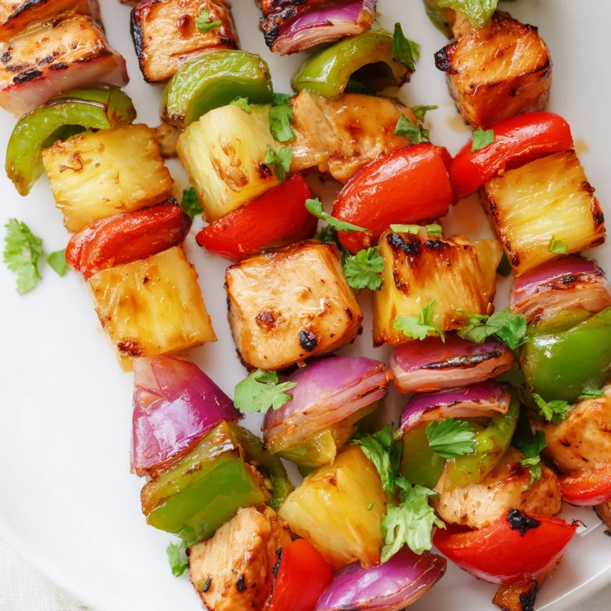 Juicy pineapple chicken kabobs arranged on a platter with fresh cilantro and lime wedges