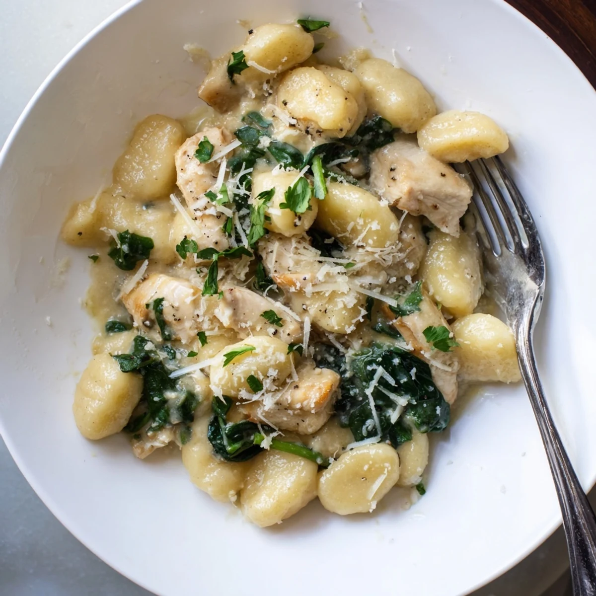 Creamy one pan lemon chicken gnocchi skillet with golden chicken pieces and wilted spinach