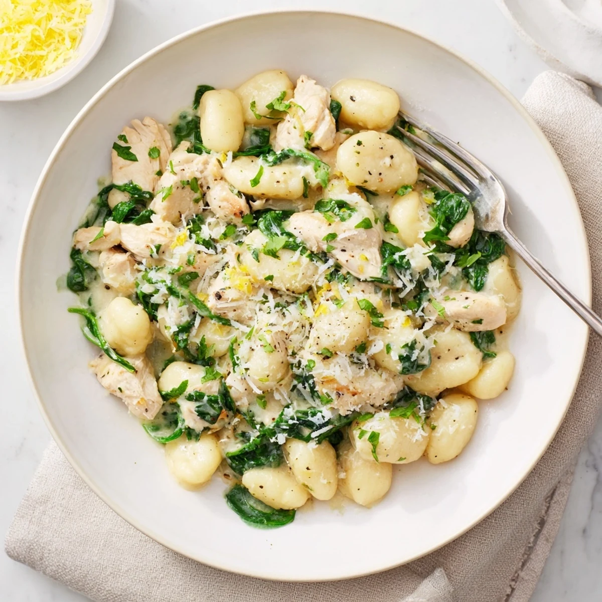Golden brown chicken and potato gnocchi simmered in bright lemon garlic cream sauce