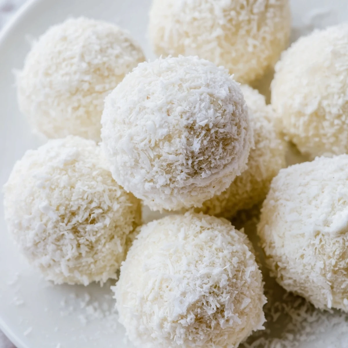 No bake Easter Bunny coconut tails dusted in white powdered sugar on a rustic wooden board