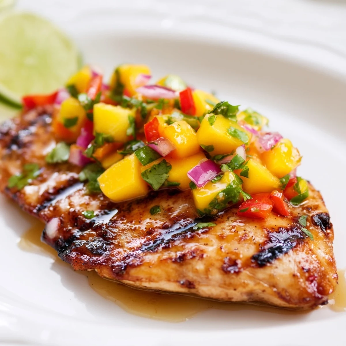 Juicy grilled Honey Lime Chicken with Mango Salsa featuring golden charred chicken breasts topped with vibrant yellow mango, red peppers, and fresh green cilantro.
