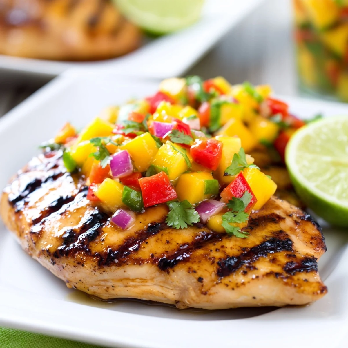 Golden grilled Honey Lime Chicken with Mango Salsa on a white plate, garnished with zesty lime wedges and colorful tropical fruit topping.