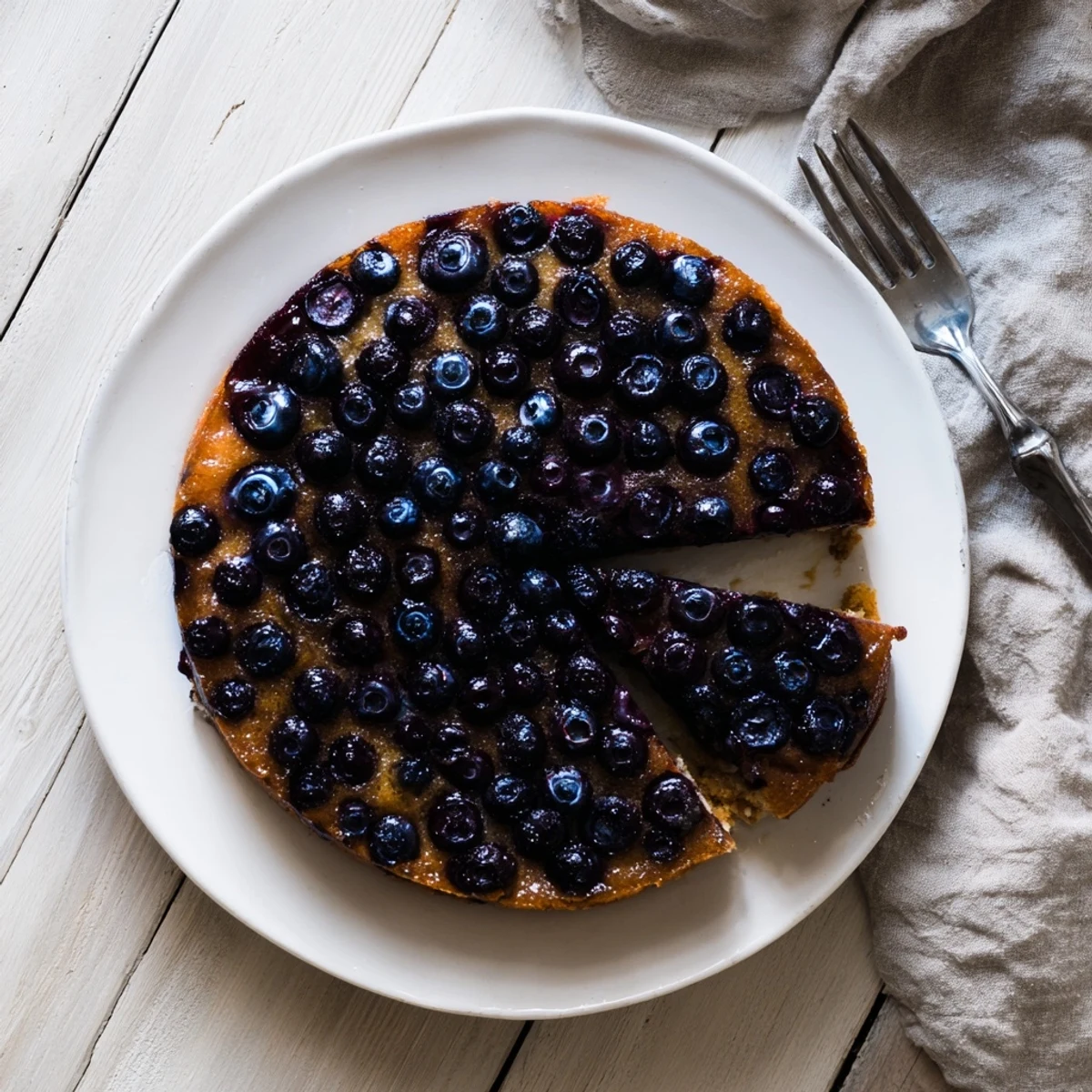 Moist buttery blueberry upside down cake inverted to reveal glistening caramelized berry layer