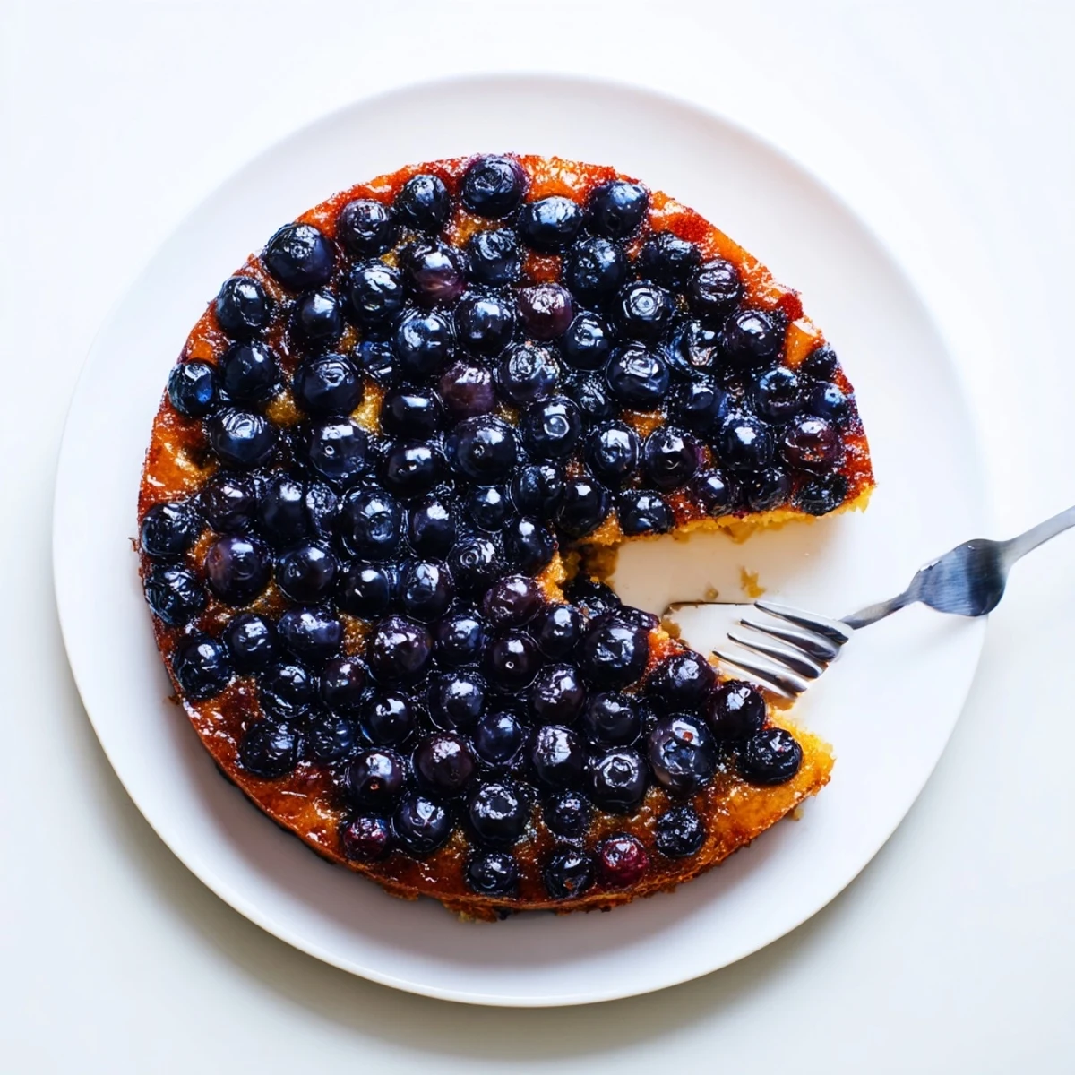 Golden blueberry upside down cake with caramelized fruit topping on a white serving plate
