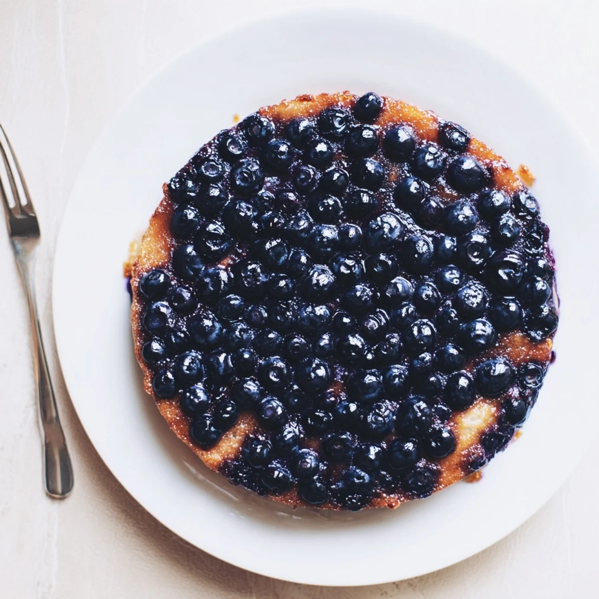 Slice of homemade blueberry upside down cake served warm with whipped cream on side