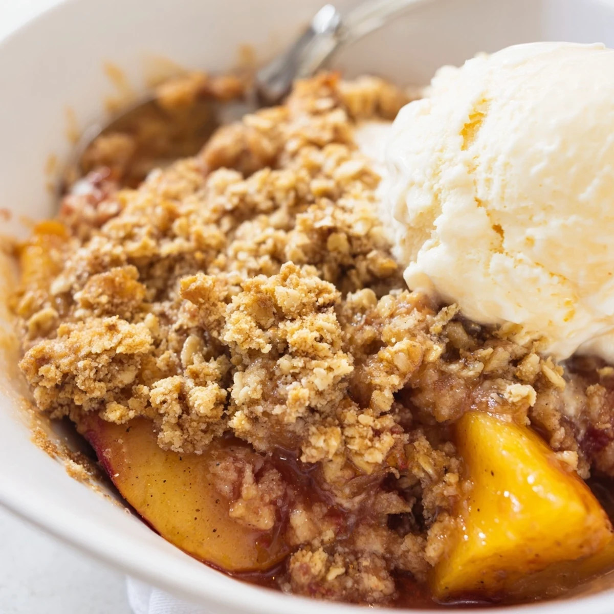 Golden cinnamon spiced peach crumble bubbling with juicy fruit beneath a buttery oat topping