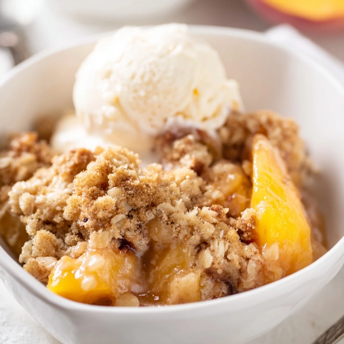 Homemade peach crumble with golden brown crumb topping spiced with cinnamon and baked until bubbling
