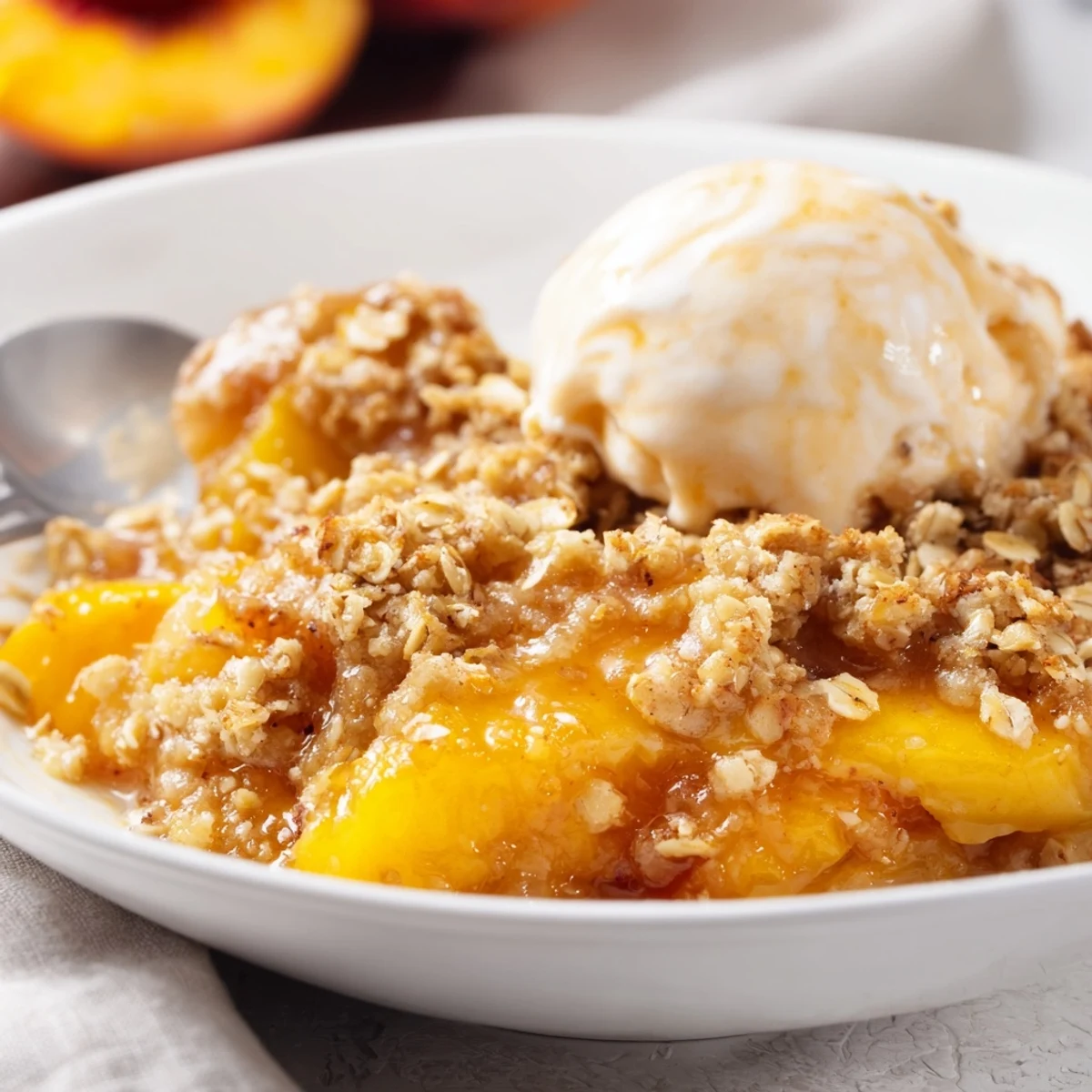 Warm baked cinnamon spiced peach crumble served in a white dish with vanilla ice cream
