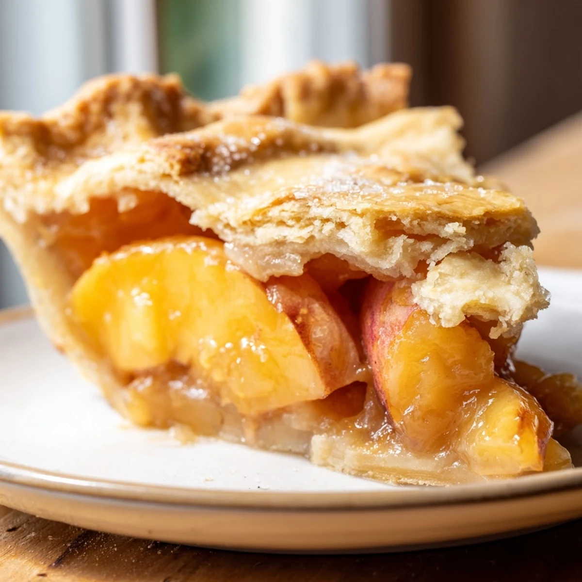 Golden homemade Southern peach pie with bubbling fruit filling and flaky lattice crust
