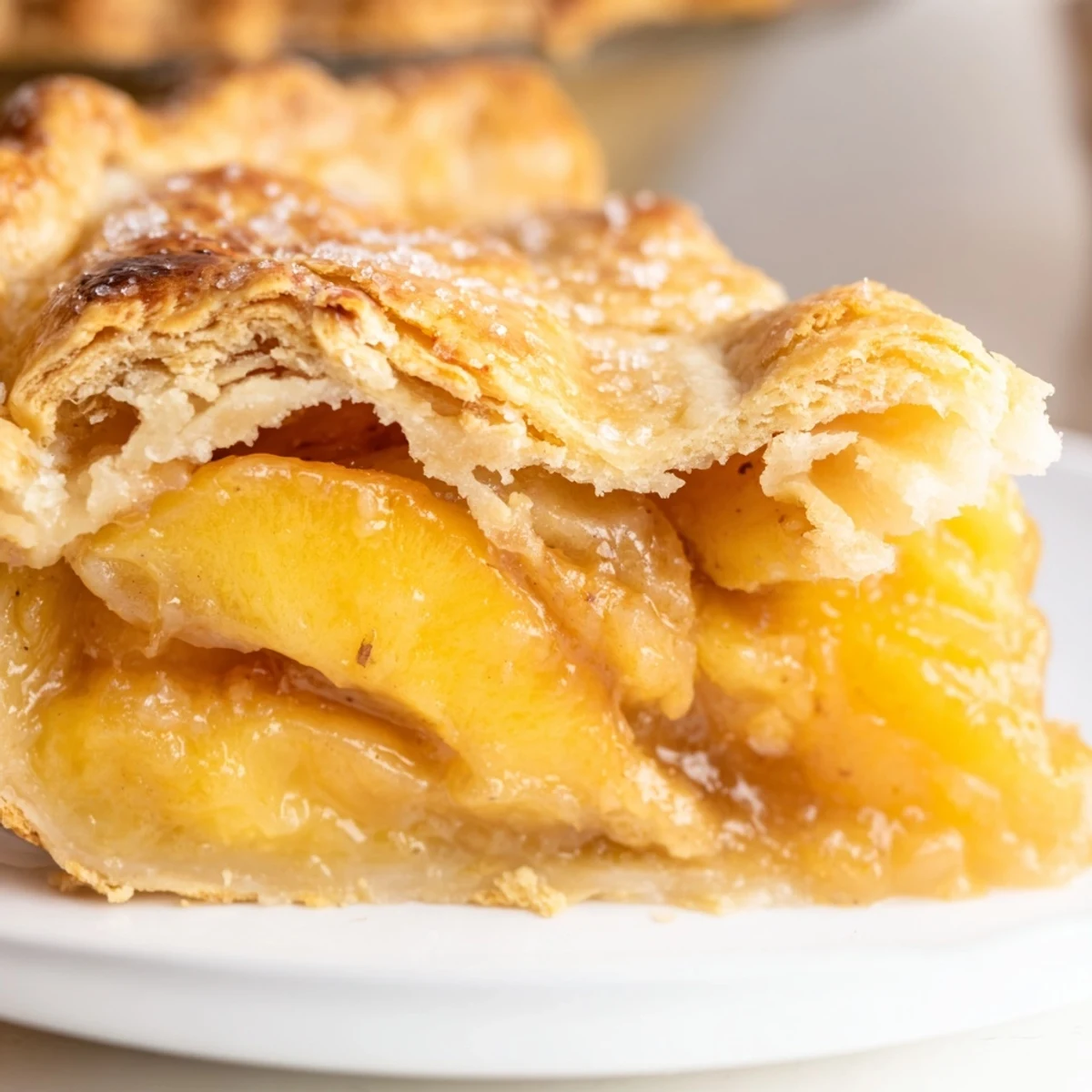 Slice of classic Southern peach pie showcasing tender peaches beneath sugary topped pastry