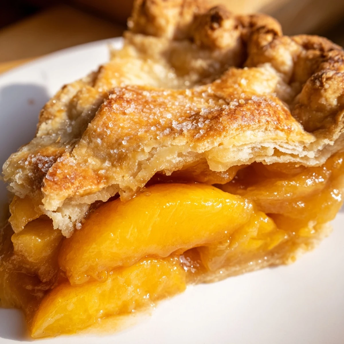 Fresh peach slices spiced with cinnamon baked inside buttery golden Southern peach pie