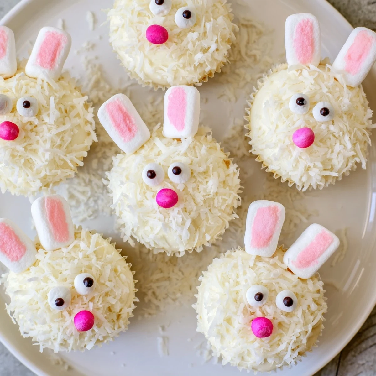 Adorable vanilla bunny cupcakes with pink marshmallow ears and coconut fur topping