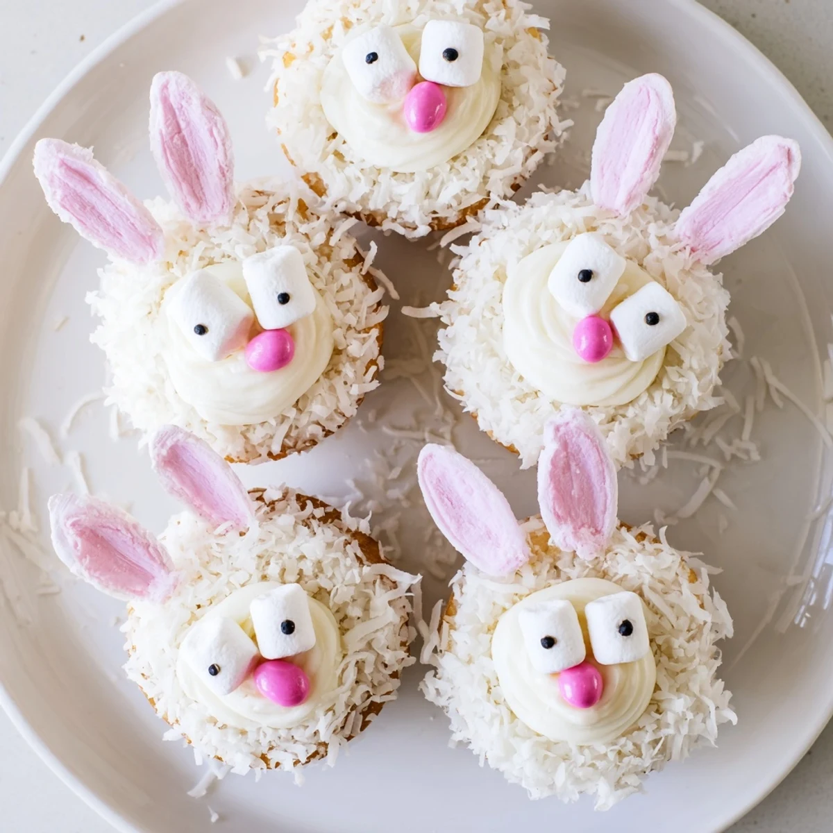 Easter bunny cupcakes featuring candy eyes, pink jellybean noses, and fluffy coconut coating
