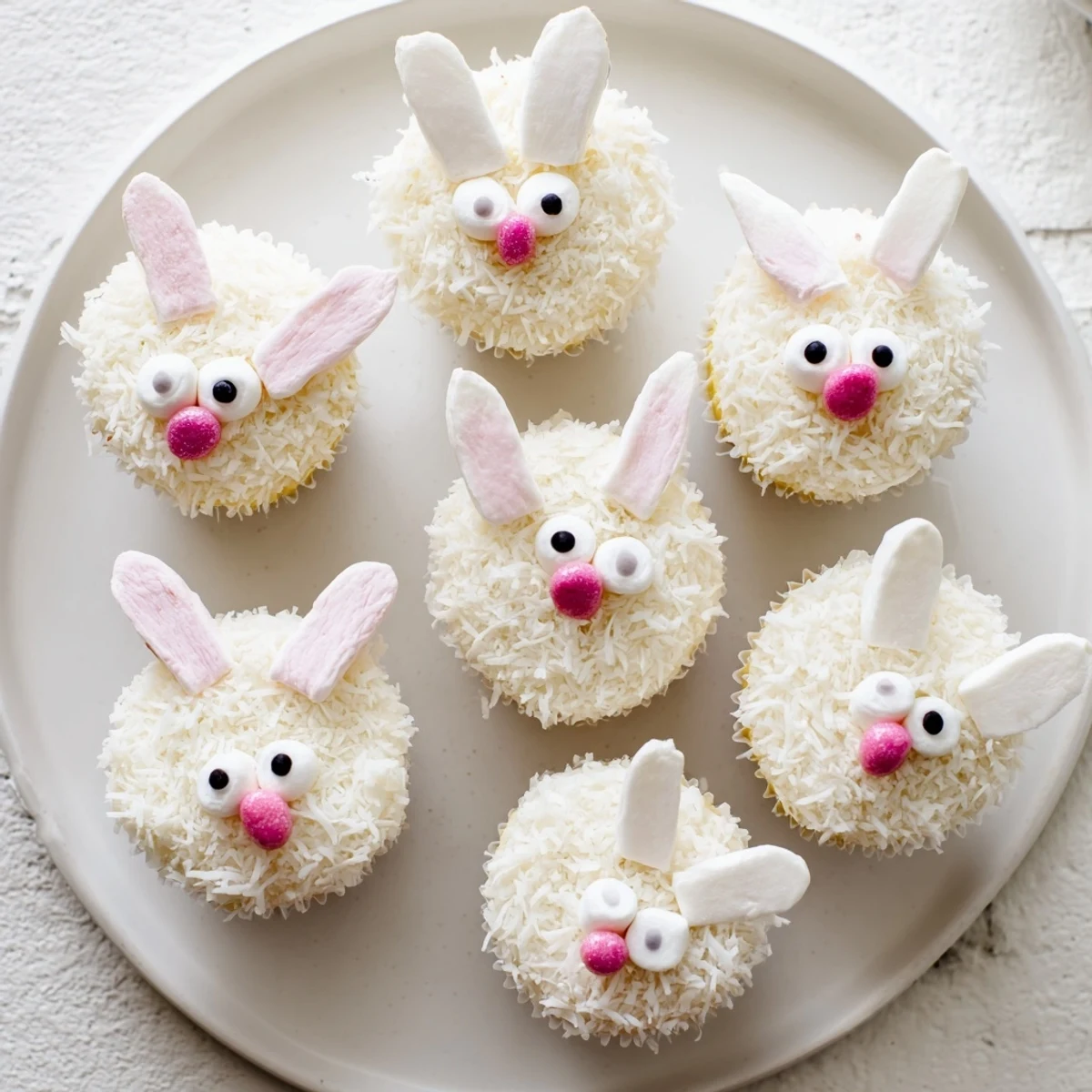 Spring-themed bunny cupcakes decorated with white coconut, marshmallow ears, and cute faces