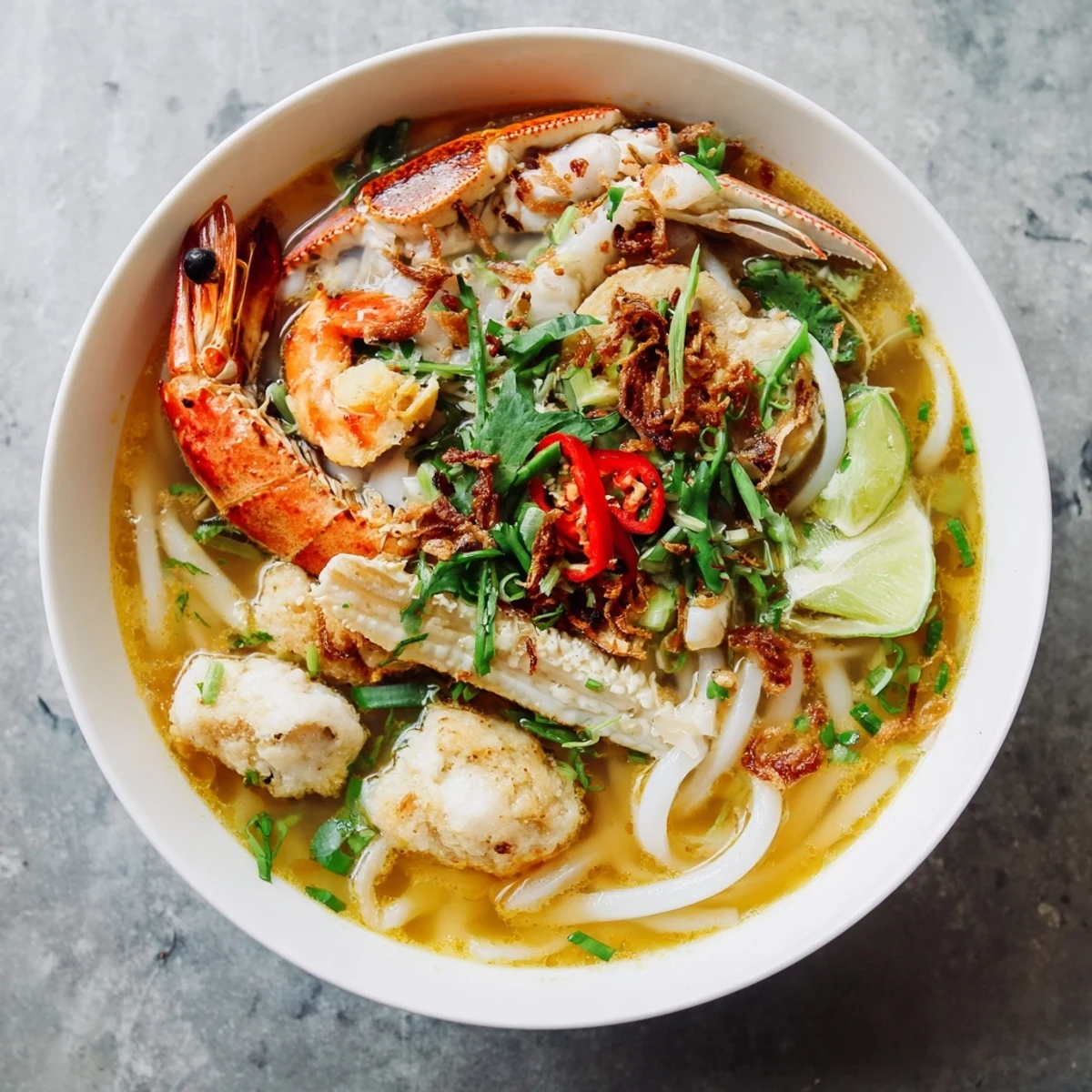 Steaming bowl of banh canh cua Vietnamese crab noodle soup with thick tapioca noodles
