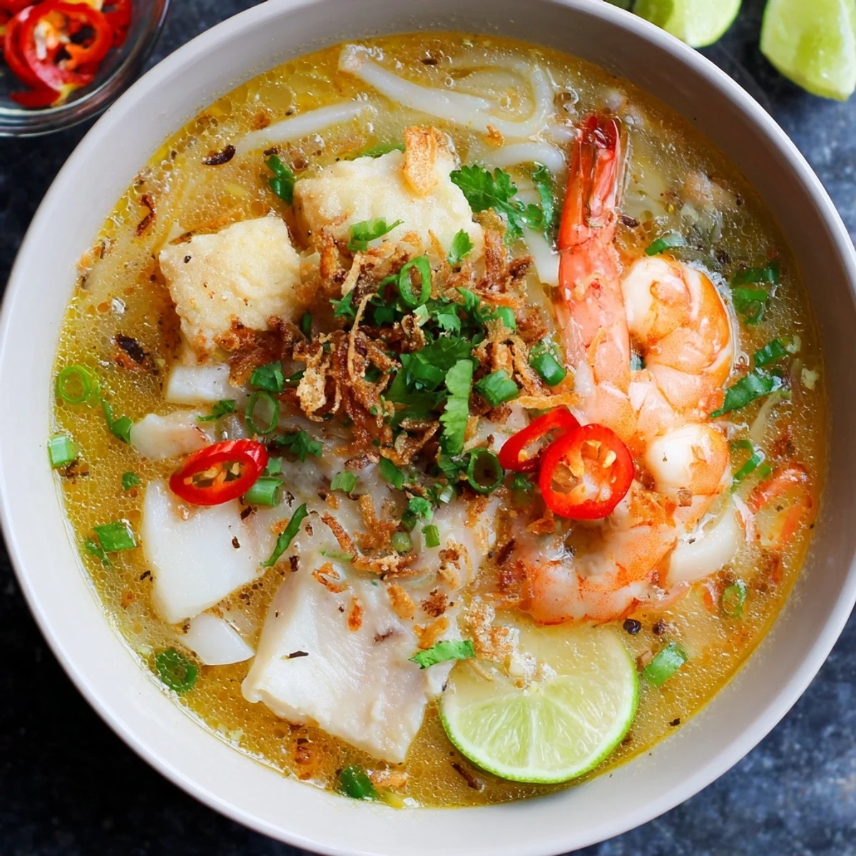 Rich banh canh cua featuring succulent crab meat in aromatic broth garnished with fresh cilantro