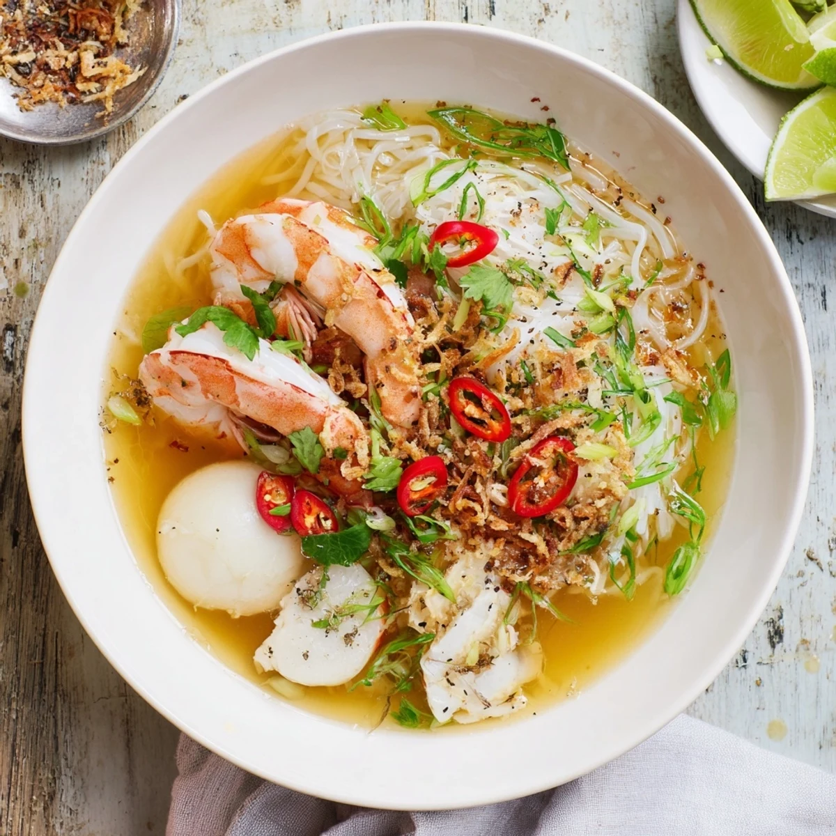 Vietnamese banh canh cua noodle soup topped with shrimp, fish cakes, and fried shallots