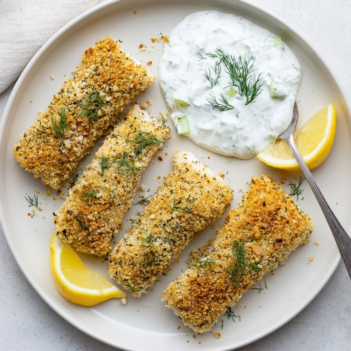 Golden oven baked crumbed fish fillets with crisp panko topping and fresh herb seasoning