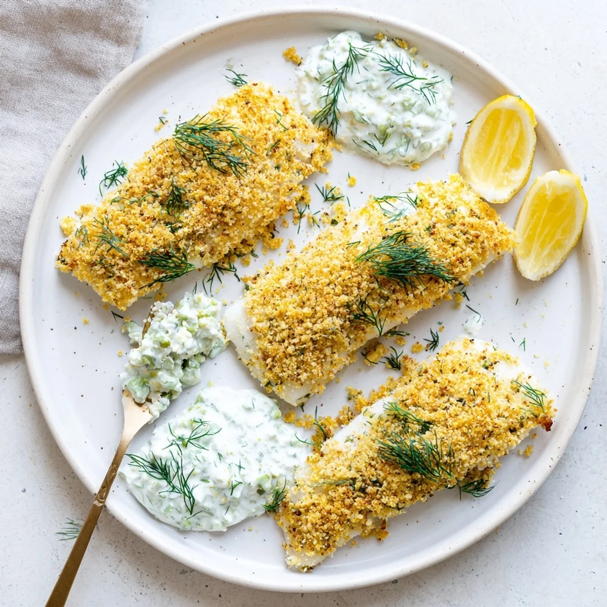 Oven baked crumbed fish served cool with creamy dill cucumber yoghurt sauce and lemon wedges