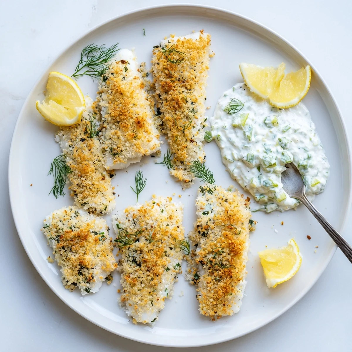 Crispy oven baked crumbed fish on white plate drizzled with tangy lemon cucumber yoghurt sauce