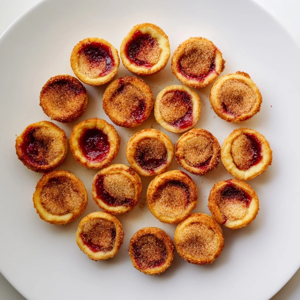 Golden mini cherry pie bites with bubbling red fruit filling in buttery pastry cups