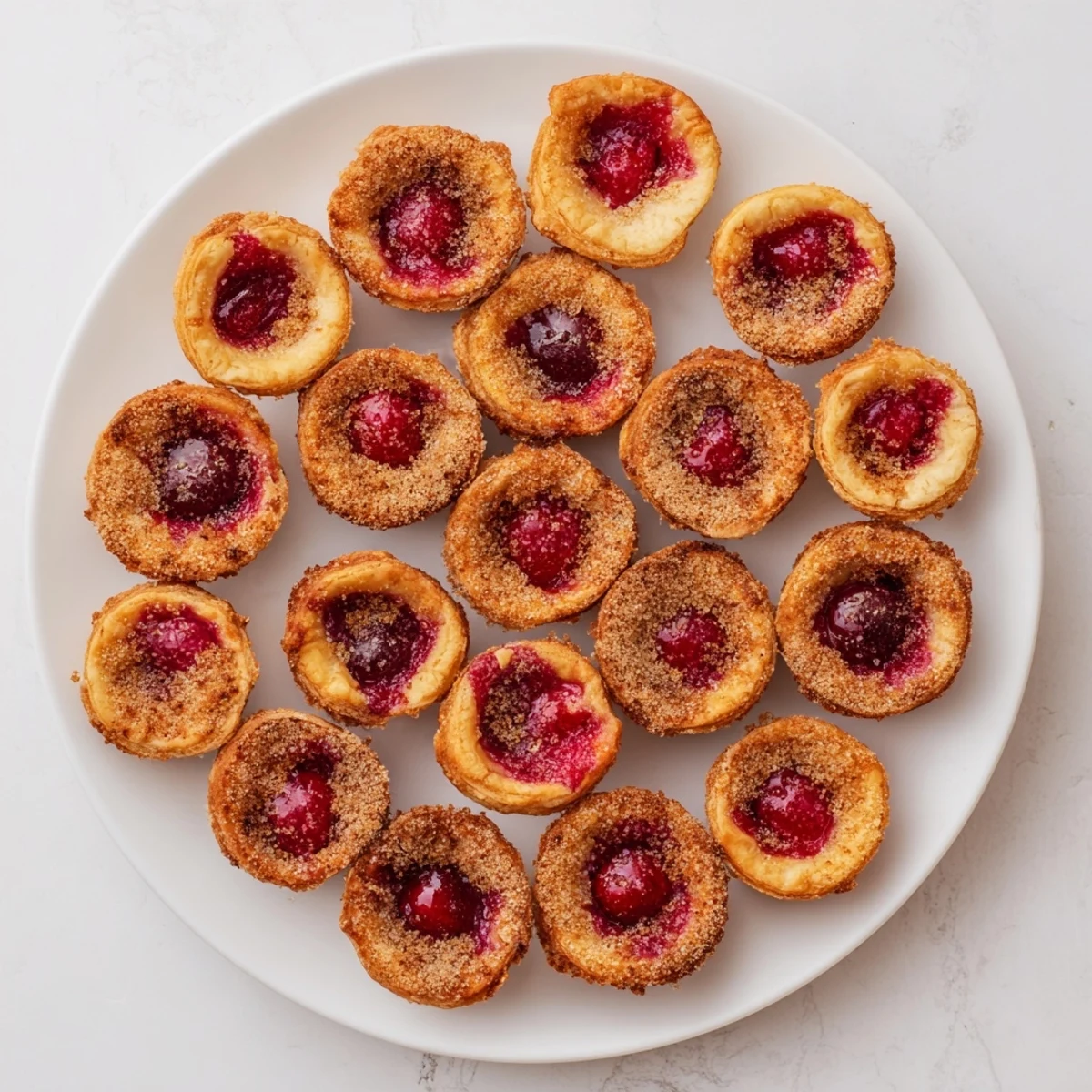 Freshly baked cherry pie bites sprinkled with cinnamon sugar on a serving platter