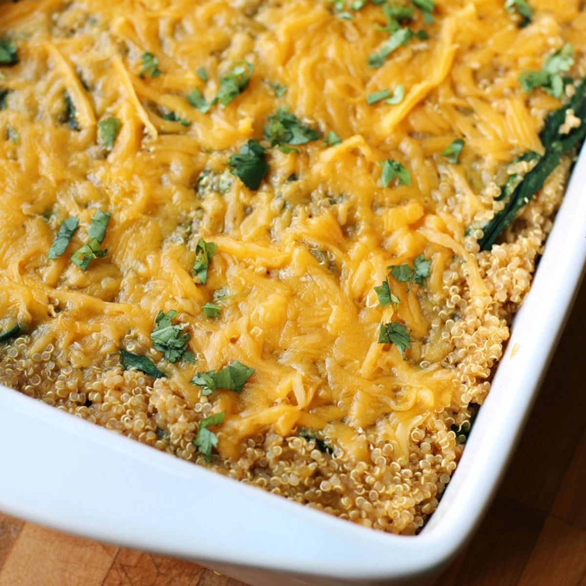 Fluffy quinoa casserole with tender spinach and baked eggs topped with golden cheese