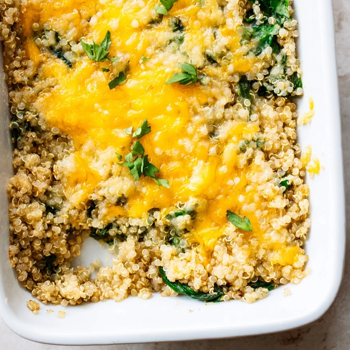 Golden quinoa spinach and egg bake with melted cheddar crust on a white plate