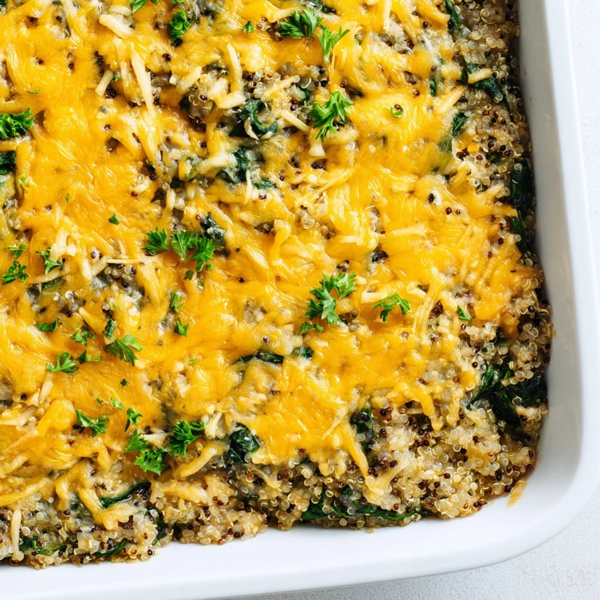 Vegetarian quinoa spinach and egg bake garnished with fresh parsley and crispy cheese layer