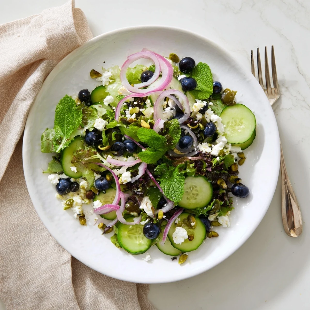 Fresh blueberry pistachio spring salad with colorful greens, feta, and lemon-honey vinaigrette in a bowl