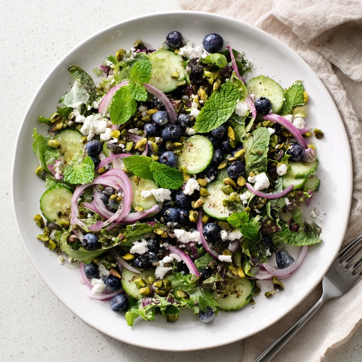 Vibrant spring salad showcasing juicy blueberries, crunchy pistachios, and fresh mint drizzled with light dressing
