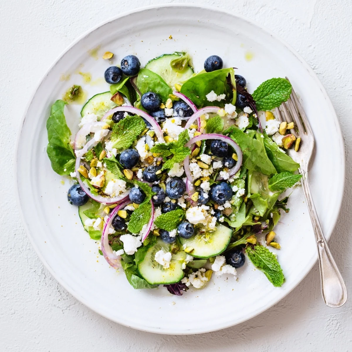 Colorful blueberry pistachio spring salad with sliced cucumber, red onion, and crumbled feta cheese topping