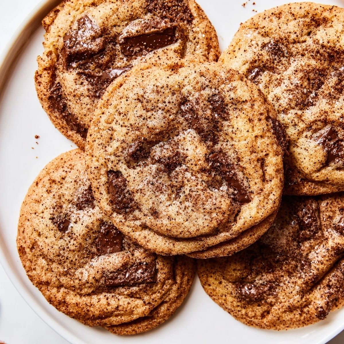 Golden brown Vietnamese cinnamon chocolate chip cookies stacked on a white plate with a glass of cold milk