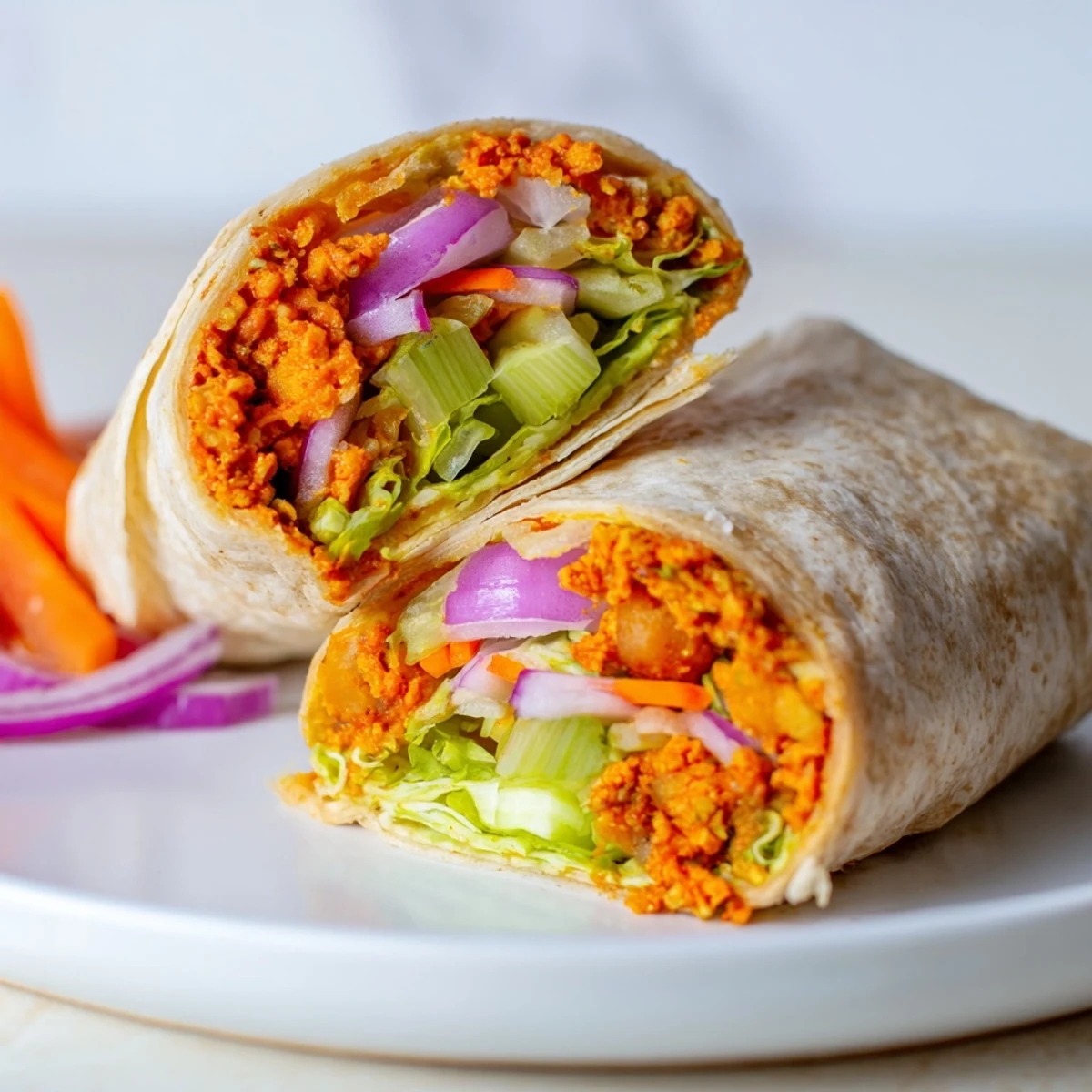 Golden buffalo chickpea wraps filled with crisp lettuce and colorful vegetables