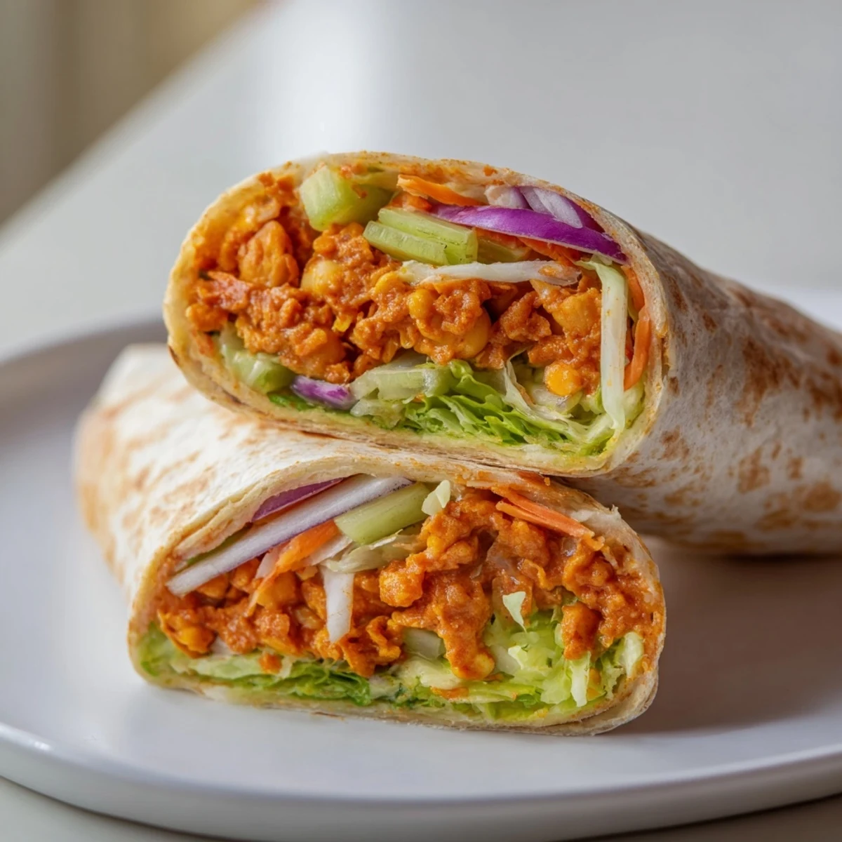 Spicy buffalo chickpea wraps rolled with fresh veggies and creamy dressing