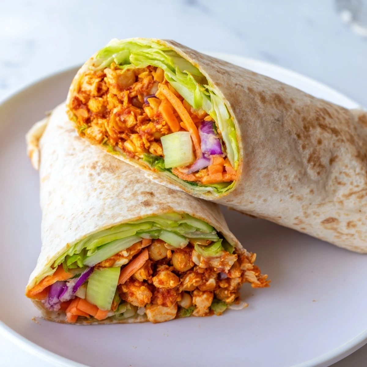 Homemade buffalo chickpea wraps with crunchy carrots, celery, and tangy sauce