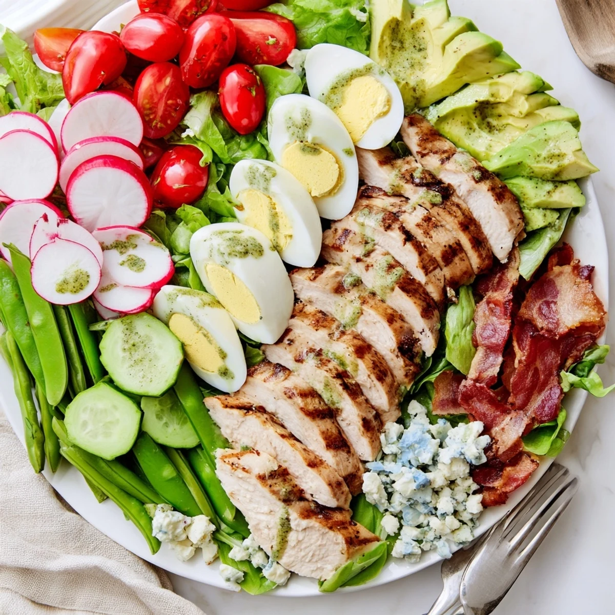 Colorful Spring Cobb Salad arranged with fresh avocado, grilled chicken, crisp vegetables, and tangy herb vinaigrette