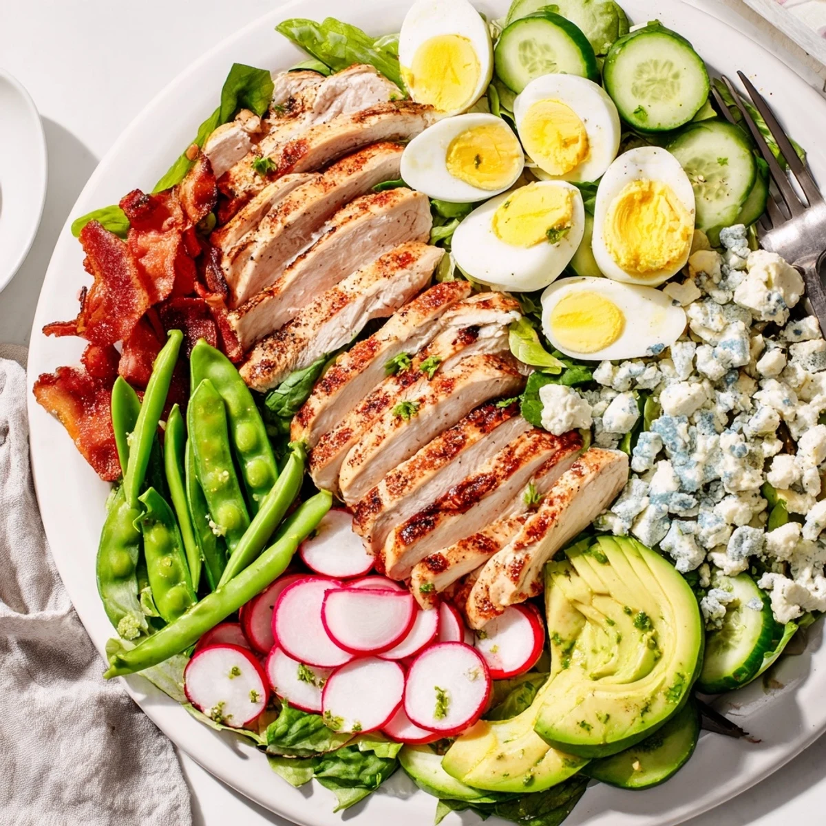 Vibrant Spring Cobb Salad plate featuring rows of eggs, bacon, snap peas, radishes, and creamy blue cheese