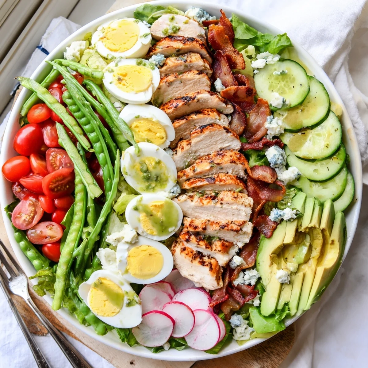 Fresh Spring Cobb Salad topped with sliced chicken, cherry tomatoes, cucumber, and homemade herb dressing
