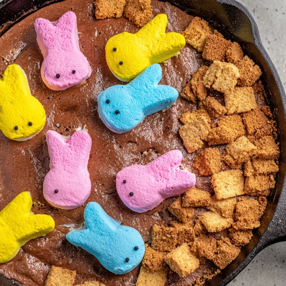 Golden Peeps marshmallow chicks atop melted chocolate in a cast iron skillet