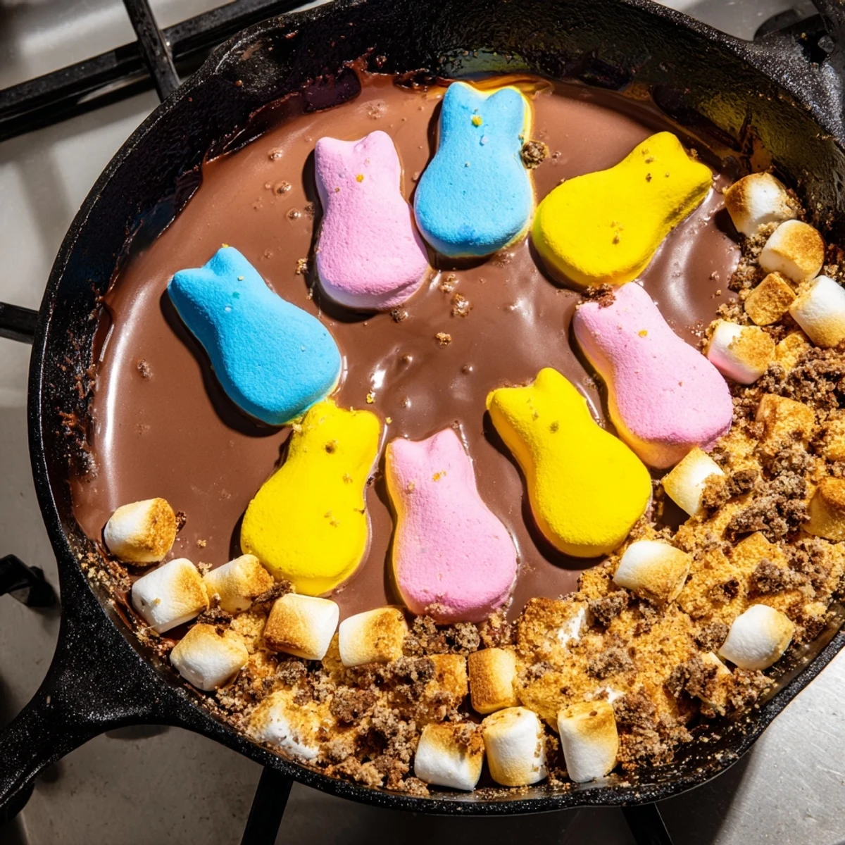 Toasted marshmallow Peeps smothered in rich chocolate ready for graham cracker dipping