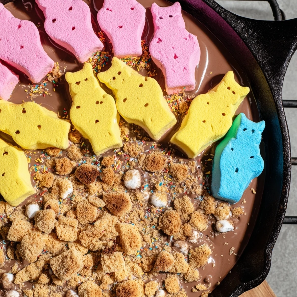 Colorful Peeps skillet s'mores bubbling with gooey chocolate and graham crackers for dipping