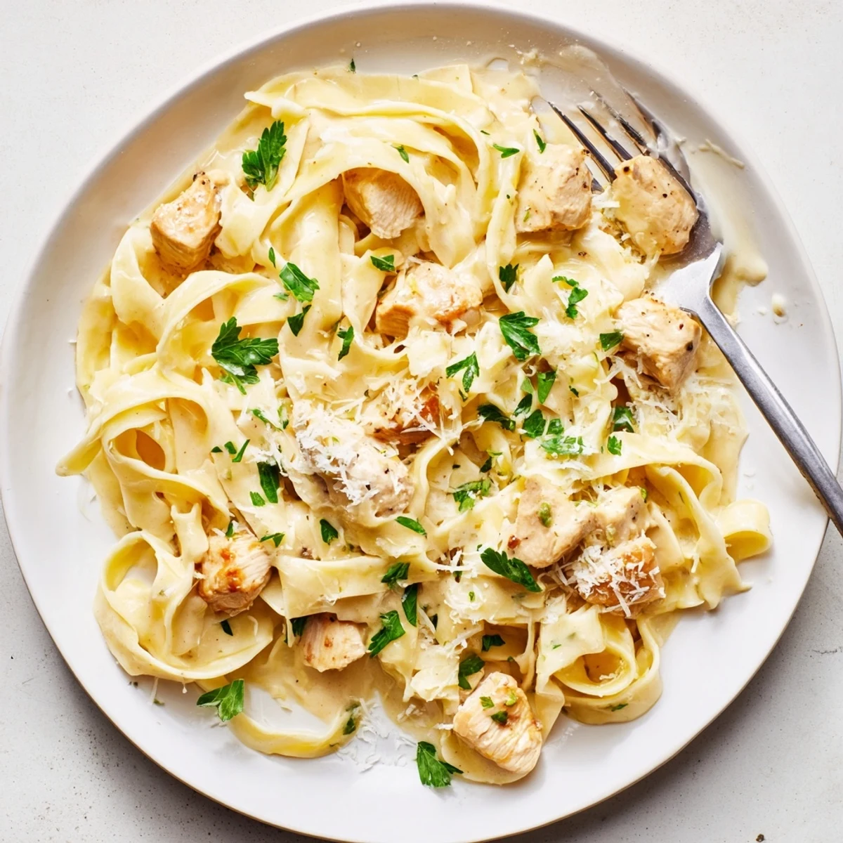 Golden brown chicken pieces tossed in velvety garlic Parmesan sauce with al dente fettuccine pasta.